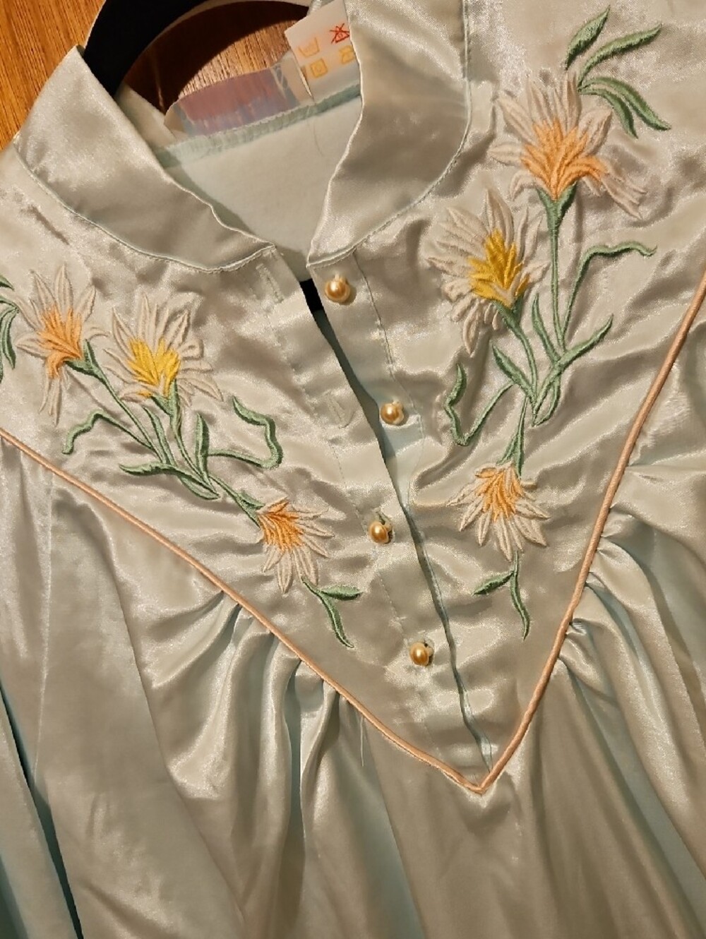 Light Blue Satin Embroidered Women's Night Gown